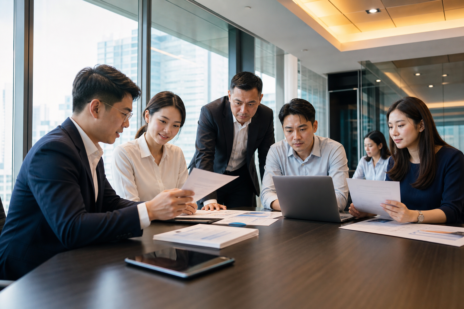 Investors in a bright conference room reviewing documents together